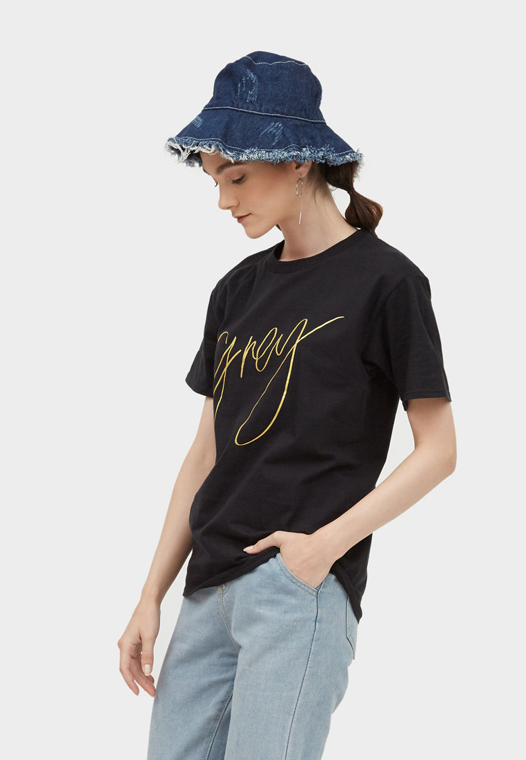 Unisex Black Grey Signature Tee (Gold Fonts) - Free Shipping!