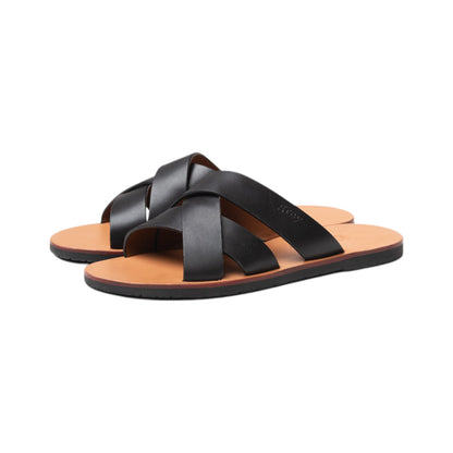 Leadon Leather Slip-On Slides in Black - Grey by Ortenhill