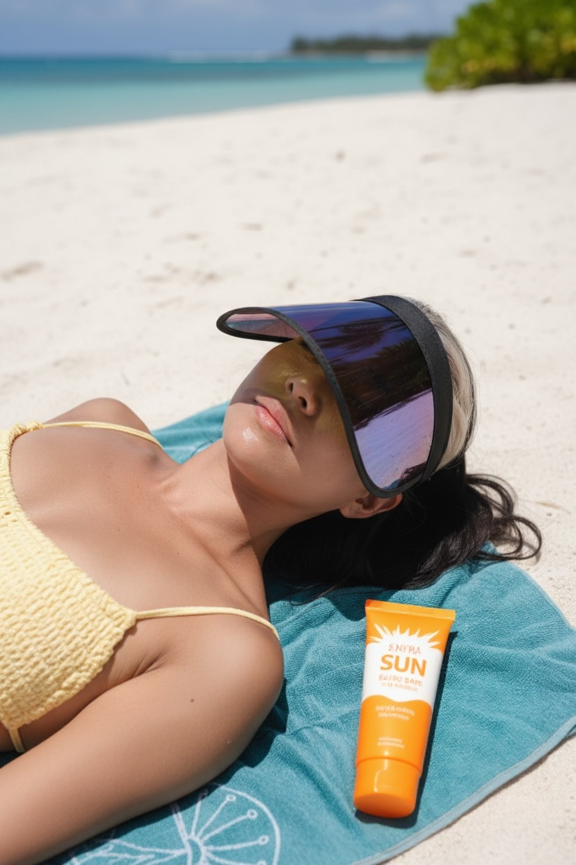 Woman lying on a towel with a sun visor and a bottle of sunscreen on a beach.